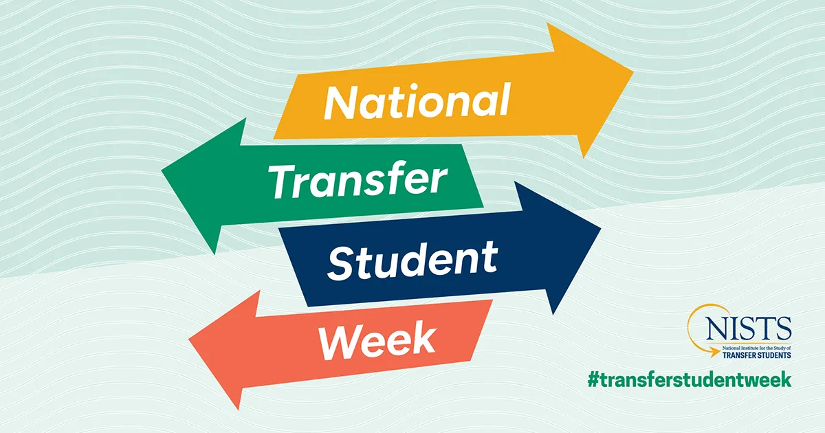 Transfer Week Graphic promoting National Transfer Student Week. Four colorful arrows point to the right, each containing one word: “National” (yellow), “Transfer” (green), “Student” (navy blue), and “Week” (coral). To the right, a coral starburst shape displays the dates “October 20–24” in white text. Bottom right corner includes the hashtag “#transferstudentweek” and the URL “mvcc.edu/transfer.” The background features light wavy lines.